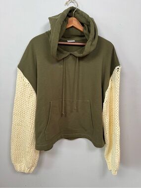 The Odells Brielle Mixed Media Hoodie Olive Green Cream Knit Sleeve XL
